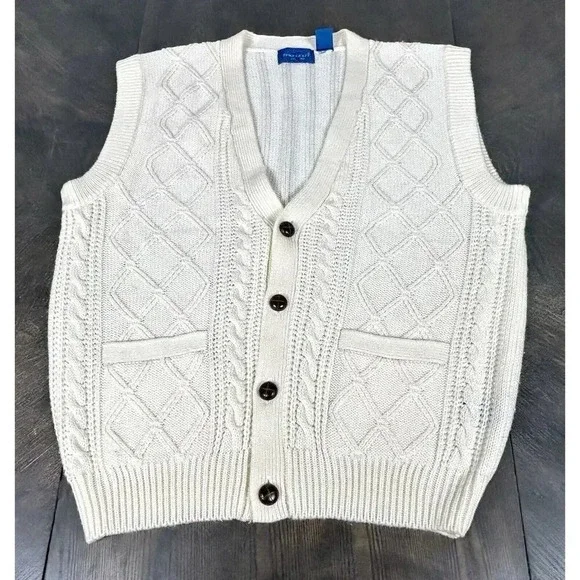 Vtg 90s Towncraft Sweater Vest Large Cable Knit Gray Grandpa Dad Buttons Pockets - Picture 2 of 8